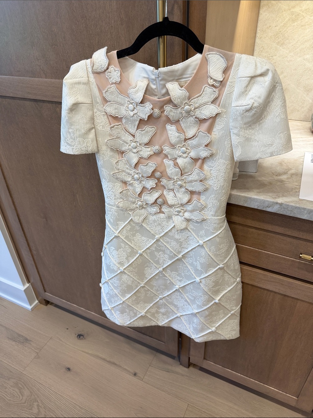 Women's Ivory Lace Midi Dress with Floral Appliqué